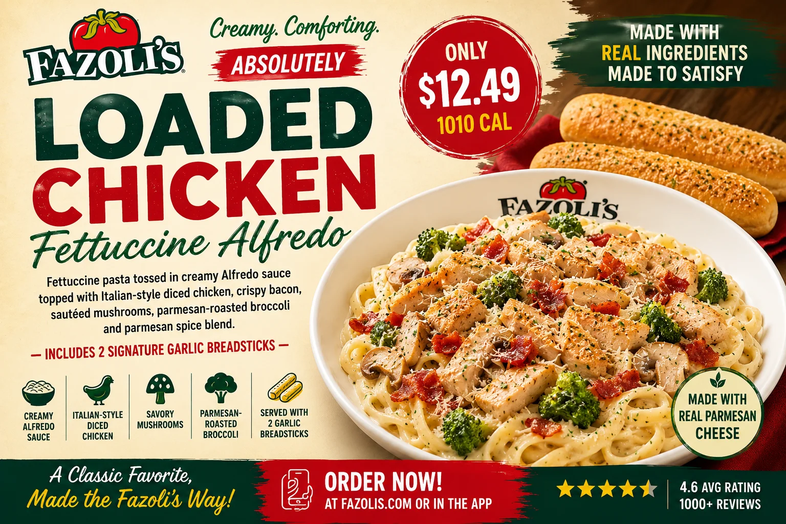Fazoli’s Loaded Chicken Fettuccine Alfredo